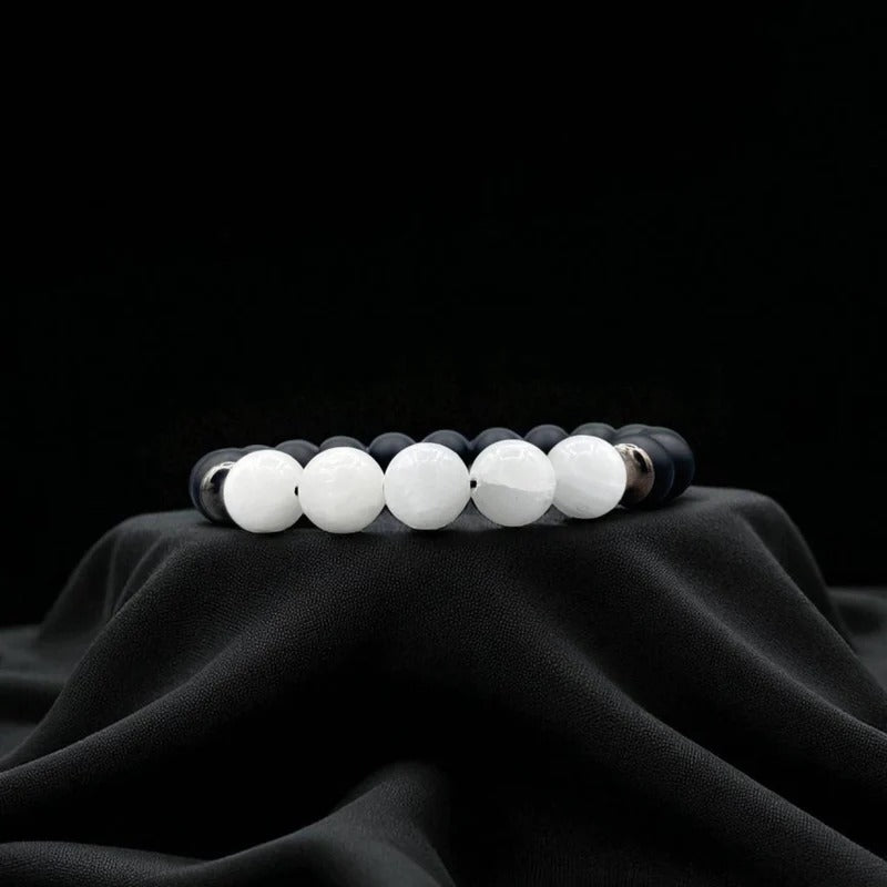 Onyx & Selenite Beaded Bracelet: Mens Healing Jewelry