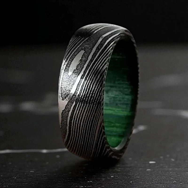 Domed Damascus Ring with Green Inner – Handmade Men’s Wedding Band – Modern Bold Jewelry.
