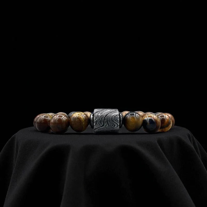Tiger Eye Bead Bracelet with Damascus Steel Barrel – Handmade Gemstone Jewelry with Gift Box.