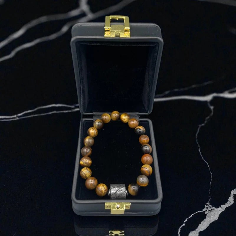 Tiger Eye Bead Bracelet with Damascus Steel Barrel – Handmade Gemstone Jewelry with Gift Box.