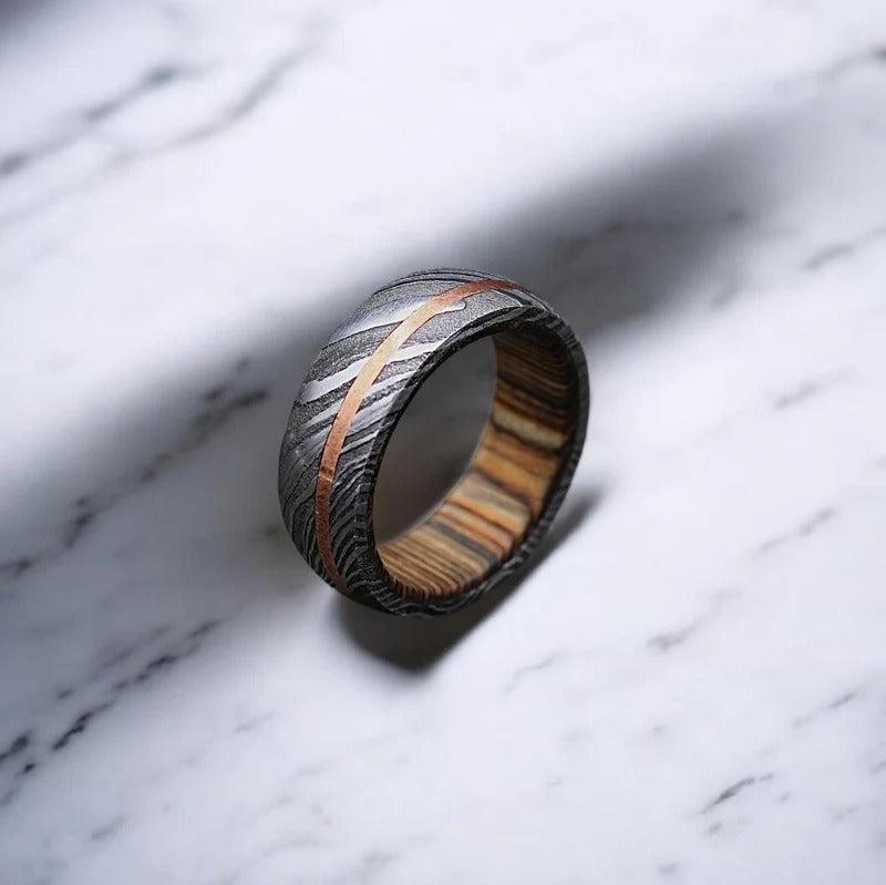 Damascus Steel Ring: Whiskey Barrel Wood Inlay, Promise Ring