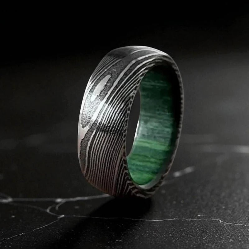 Domed Damascus Ring with Green Inner – Handmade Men’s Wedding Band – Modern Bold Jewelry.