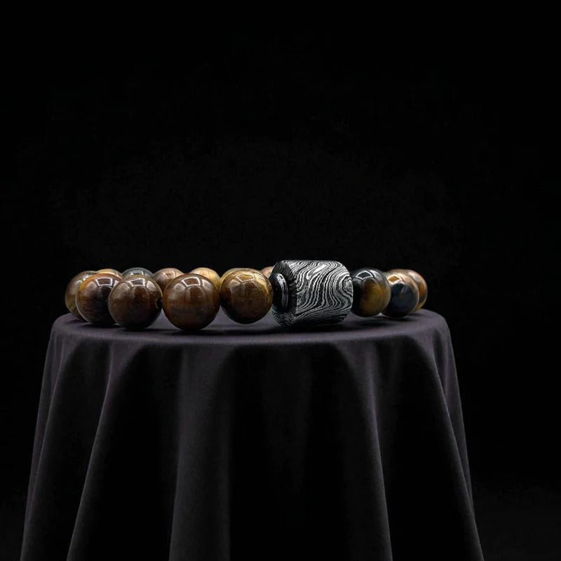 Tiger Eye Bead Bracelet with Damascus Steel Barrel – Handmade Gemstone Jewelry with Gift Box.
