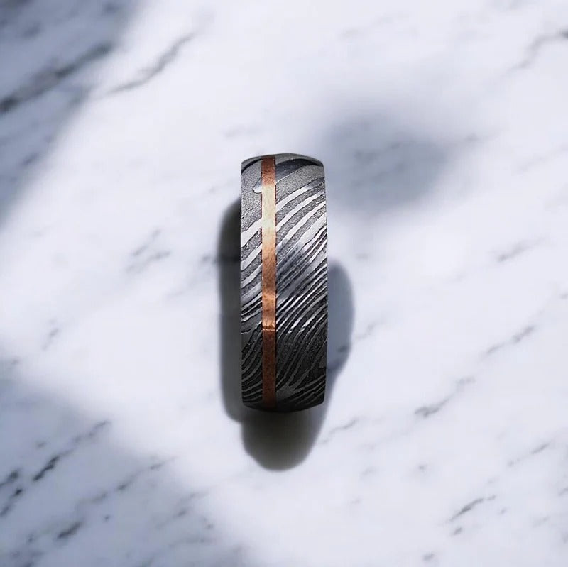 Damascus Steel Ring: Whiskey Barrel Wood Inlay, Promise Ring